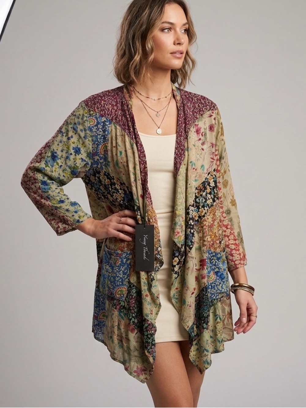 “The Jenny” Olive Floral Patchwork kimono with Pockets